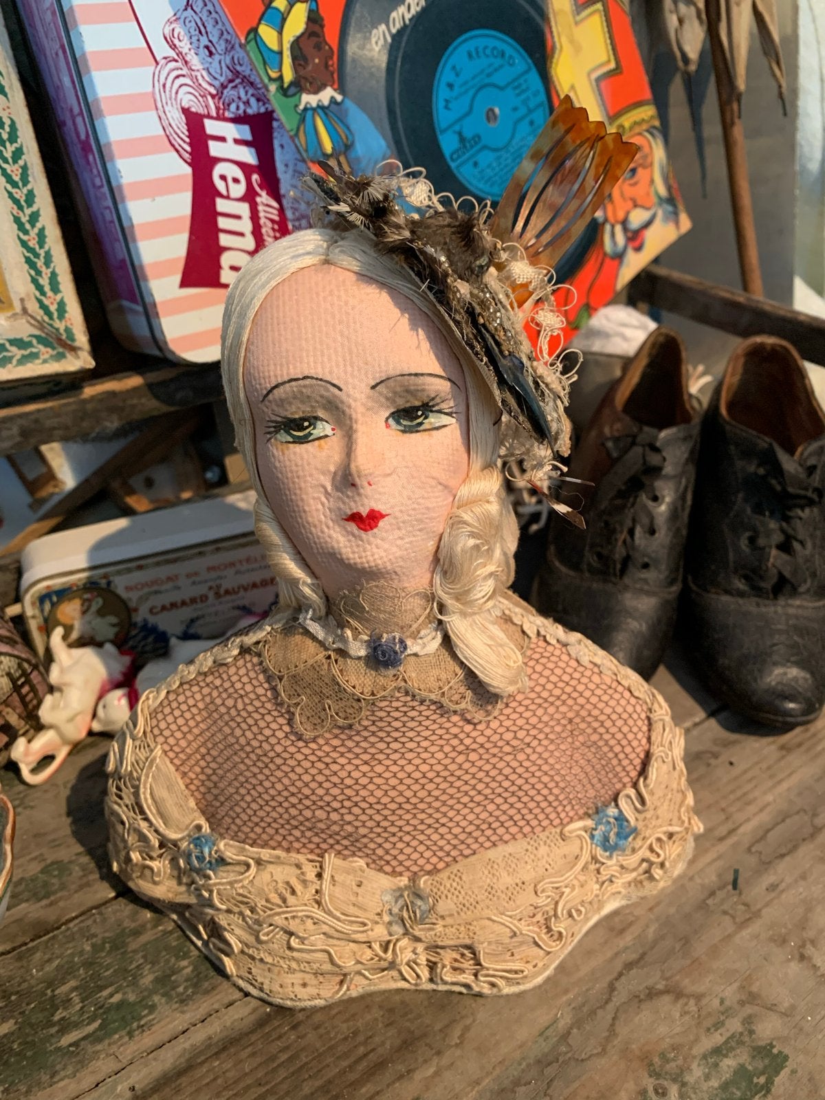 Brokante Sofadoll - antieke kant zeide stoffen geheel, Ophalen of Verzenden