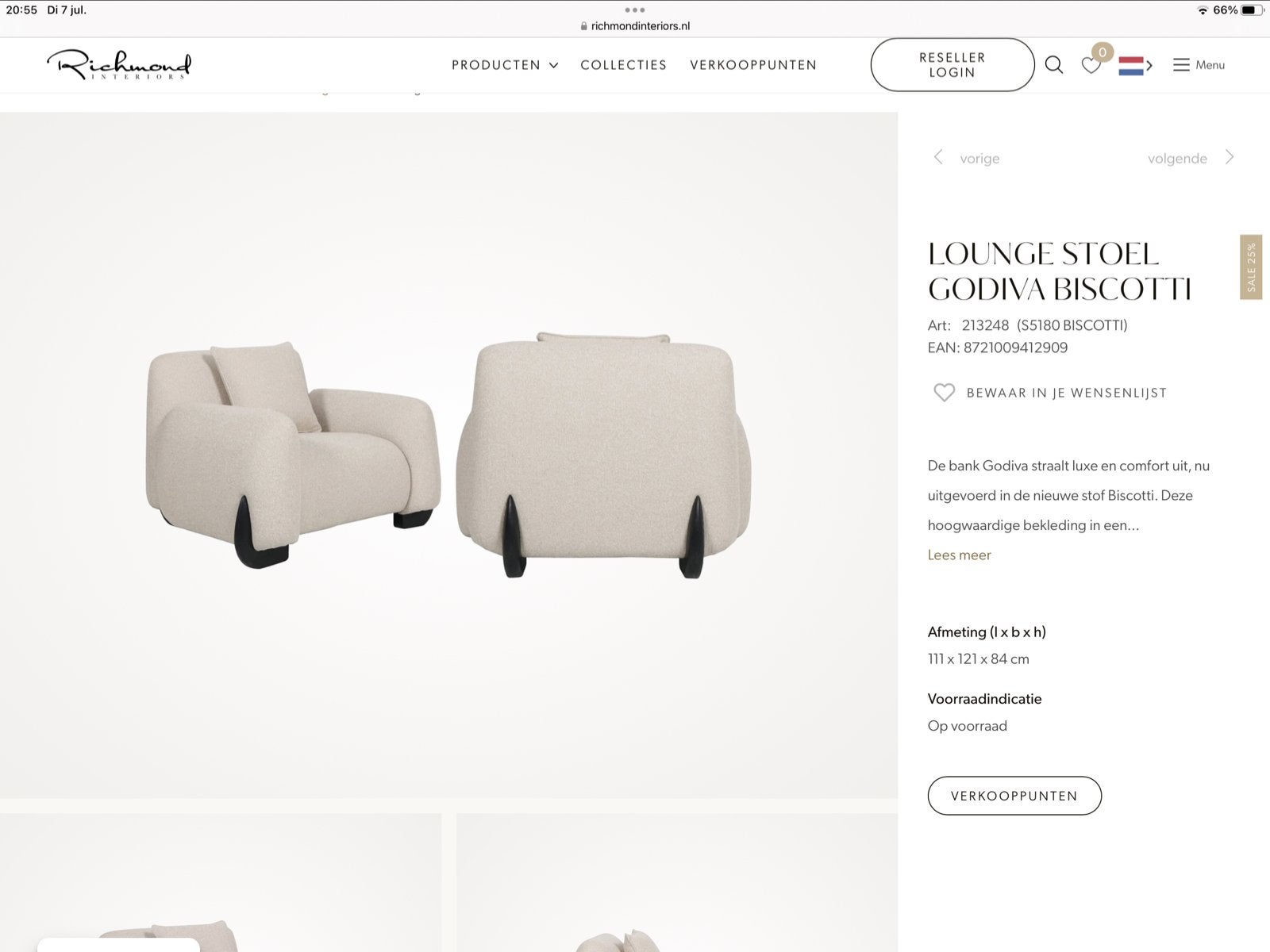 Richmond fauteuil -  nieuw, Ophalen, 100 tot 125 cm, Nieuw, Minder dan 150 cm