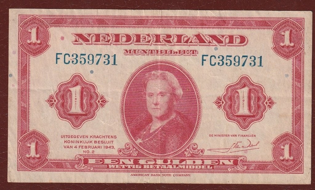 1 gld 1943 FC 359731 (wilhelmina) aardig exemplaar, Postzegels en Munten, Bankbiljetten | Nederland, Ophalen of Verzenden, 1 gulden