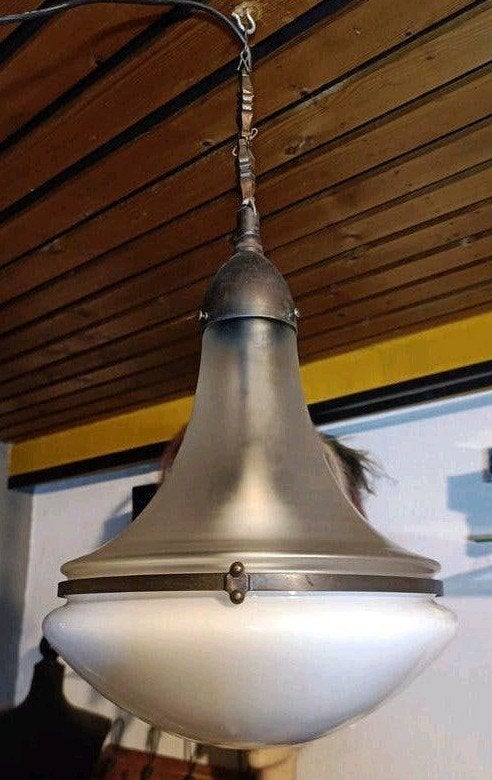 Zeldzame Antieke Peter Behrens "Luzette" Hanglamp (30cm), Ophalen of Verzenden, Gebruikt, Glas, E27 (groot)