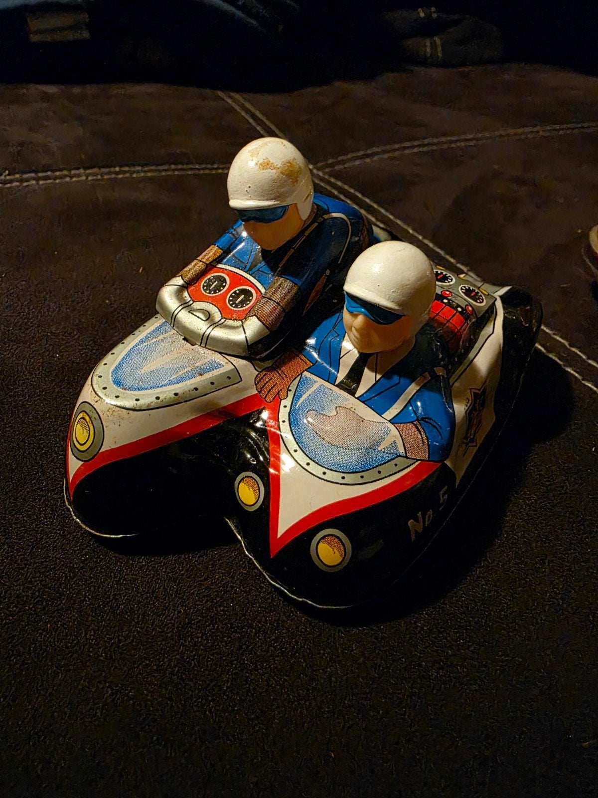 Oude blikken politiemotor met zijspan - Vintage speelgoed, Ophalen of Verzenden