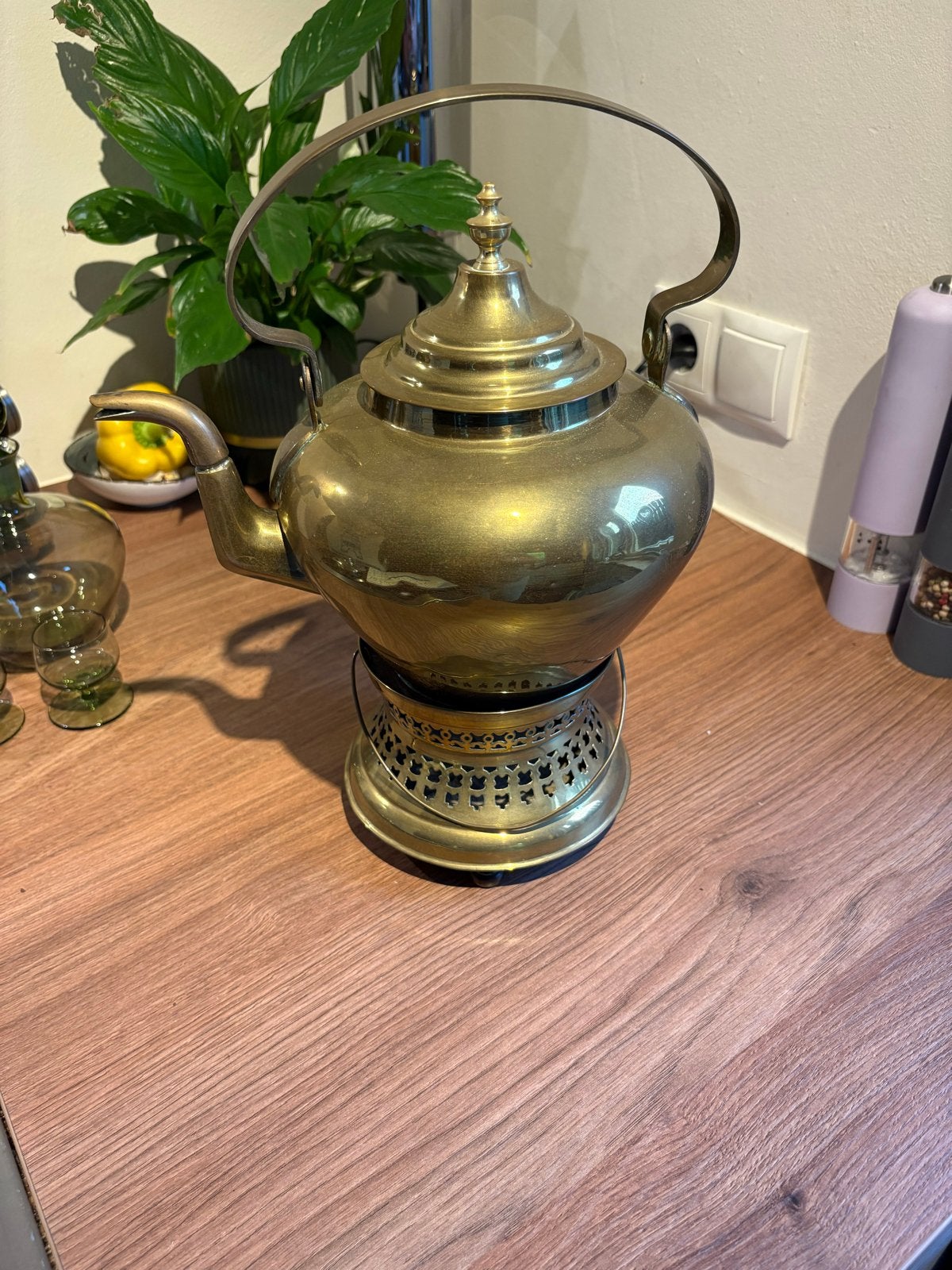 Antieke Messing Theepot met Rechaud, Ophalen, Brons