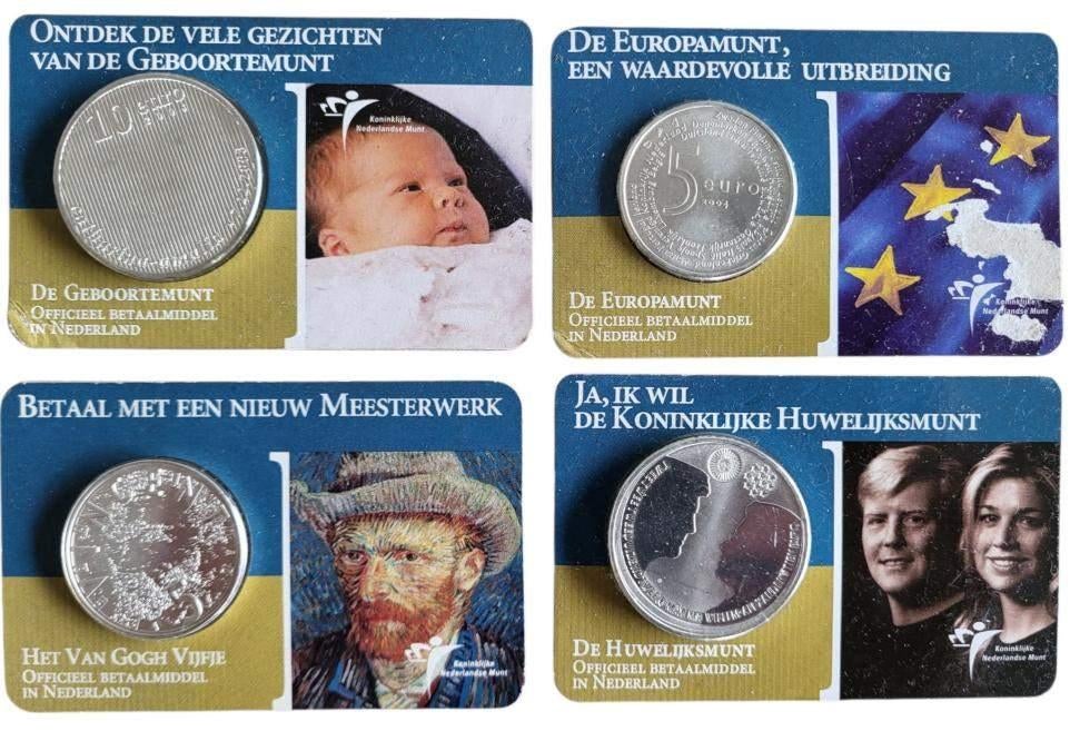 Nederland set 1e 4 coincards 5 en 10 Euro 2002-2004 (beschad, Setje, Koningin Beatrix, Zilver, Euro's