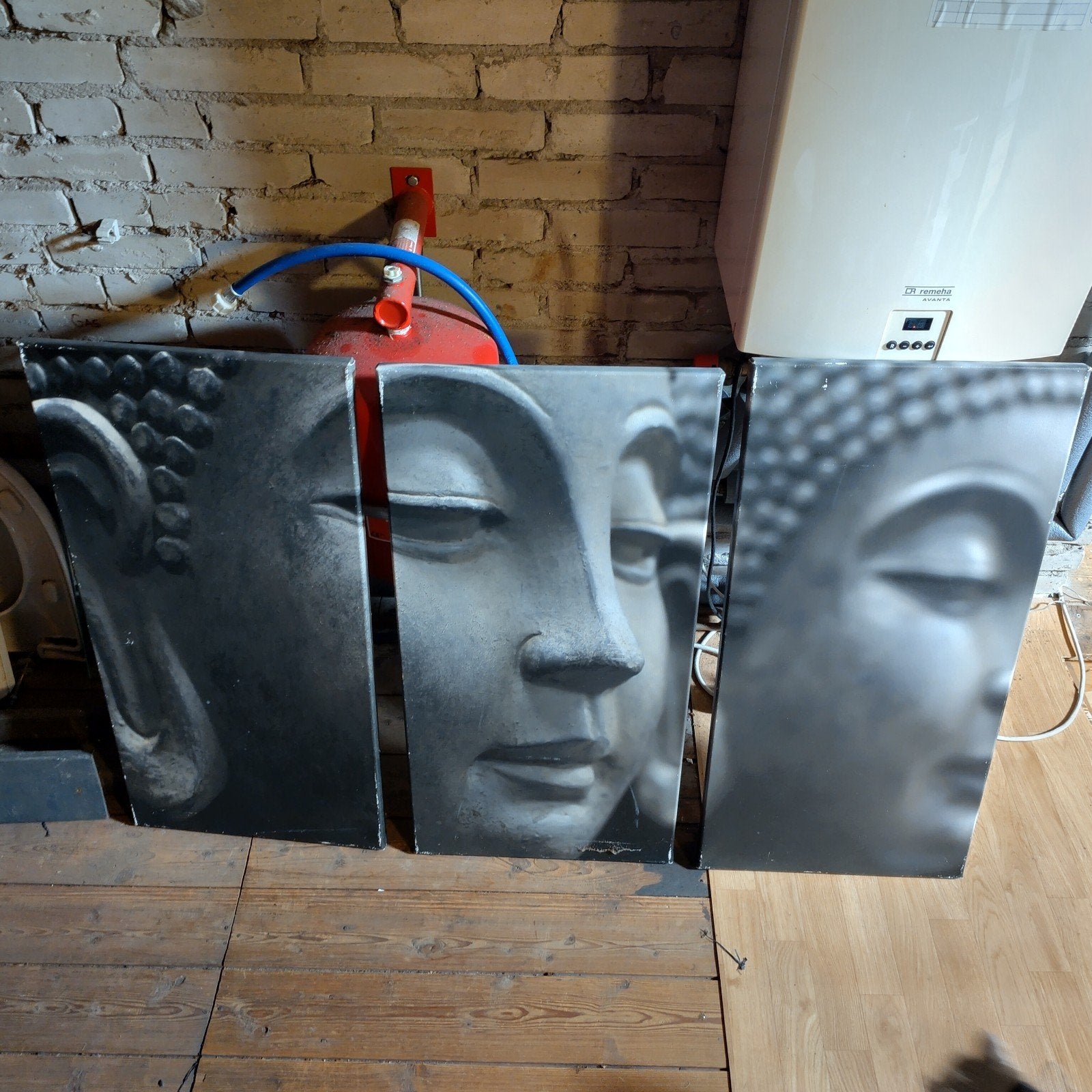 Boeddha Buddha schilderij drieluik - Grijs/Zwart, Ophalen, Gebruikt, Textiel, Grijs