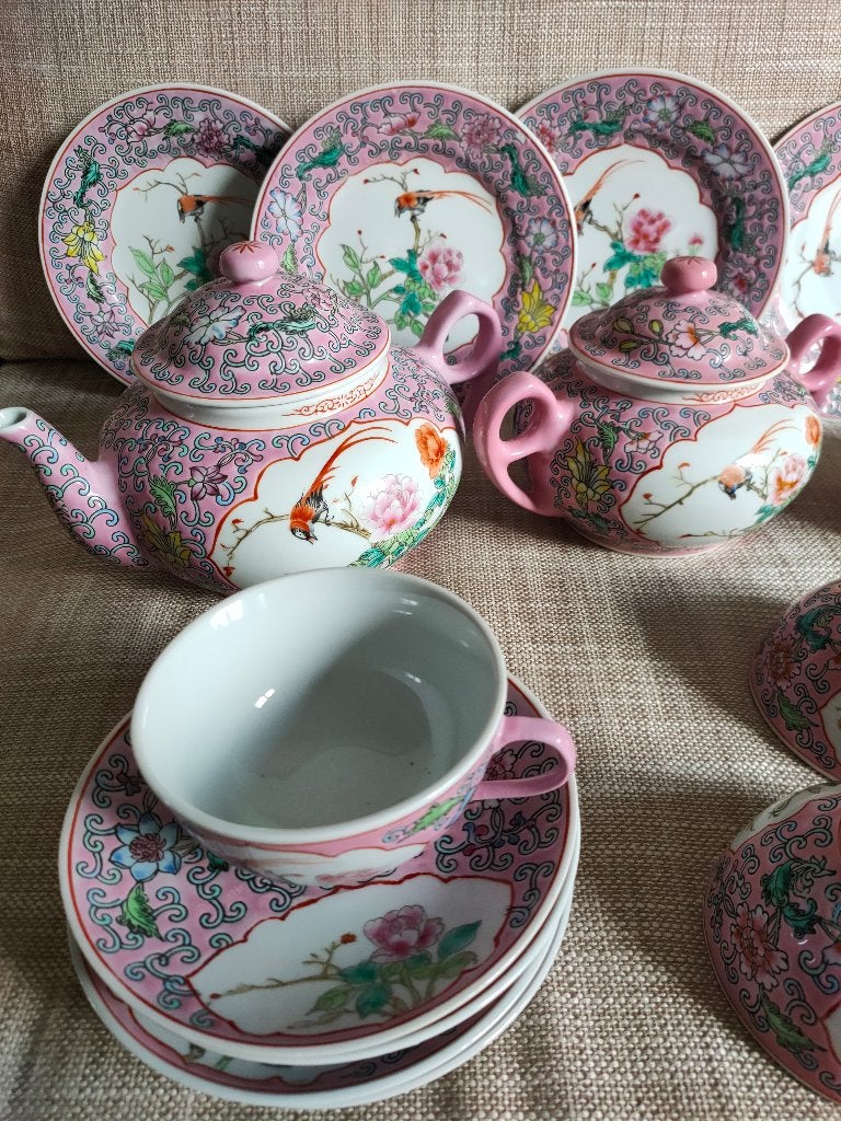 Zeldzaam Chinees Mun Shou Theeservies Pastelroze 15-delig, Ophalen of Verzenden, Huis en Inrichting
