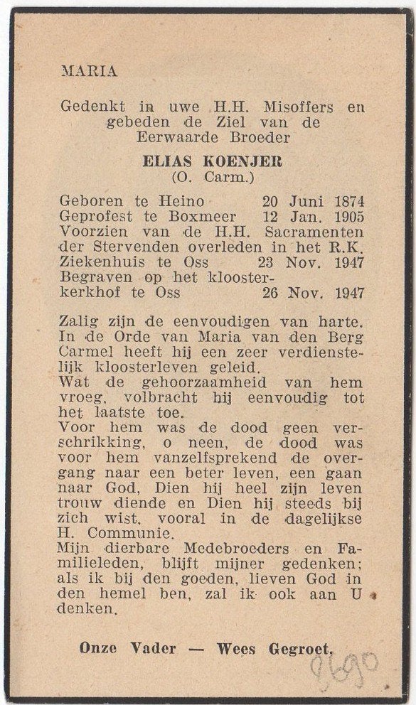 broeder Elias Koenjer 1874 Heino + 1947 Oss, 73 jaar oud, Verzenden