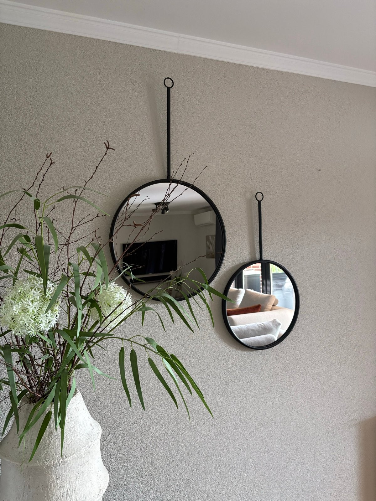 Set van 2 ronde spiegels met ophanglus - 40 en 50 cm, Huis en Inrichting, Ophalen, Minder dan 50 cm, Rond, Zo goed als nieuw