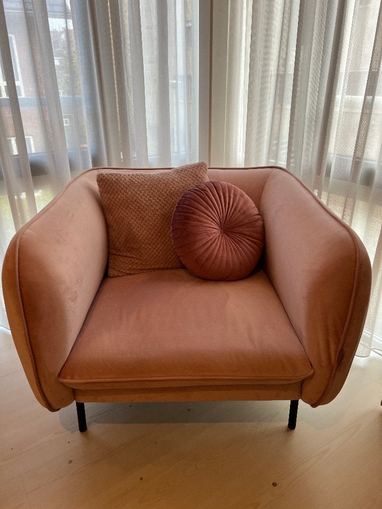 Fauteuil velvet licht roze | luxe fluwelen stoel, Ophalen, 75 tot 100 cm, Zo goed als nieuw, 50 tot 75 cm