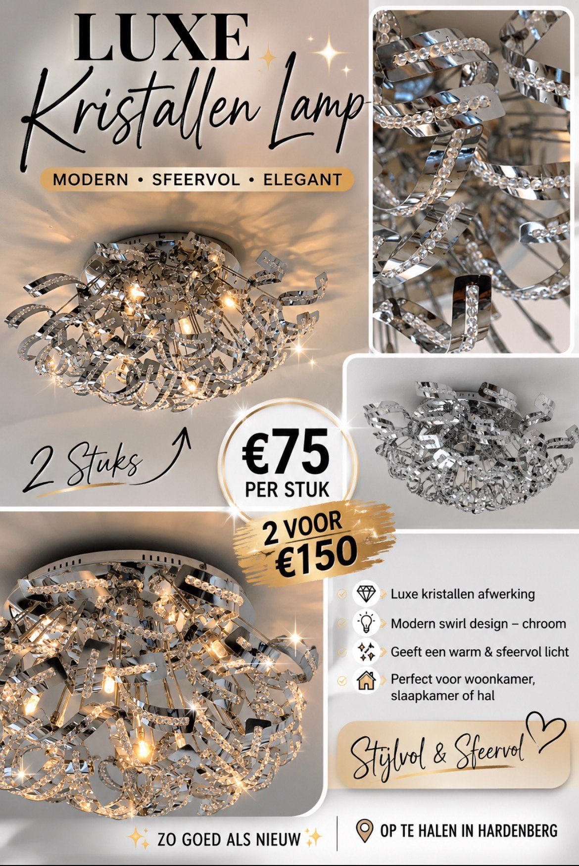 Design plafondlamp (en) met chroom slingers, Zilver, Design, LED, Ophalen of Verzenden