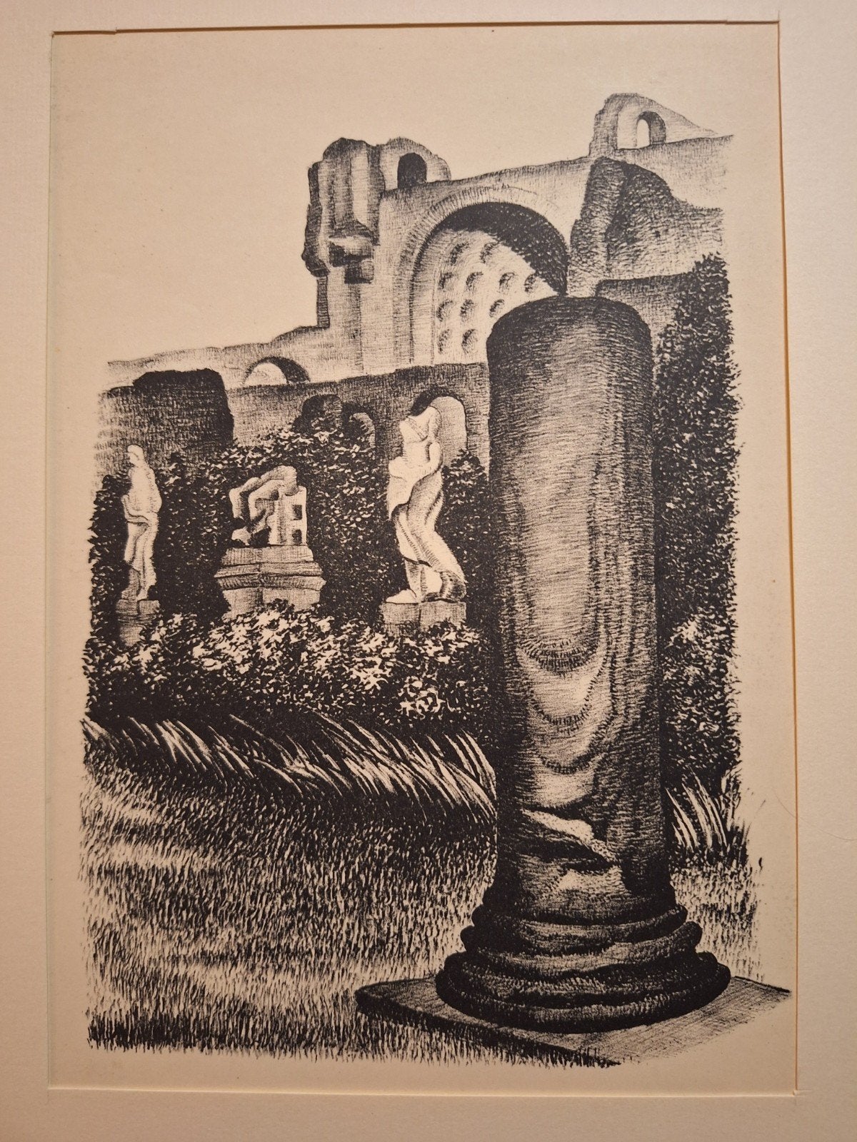 Lithografie van posthuma: Klassieke ruïnes met beelden, Antiek en Kunst, Kunst | Litho's en Zeefdrukken, Ophalen of Verzenden