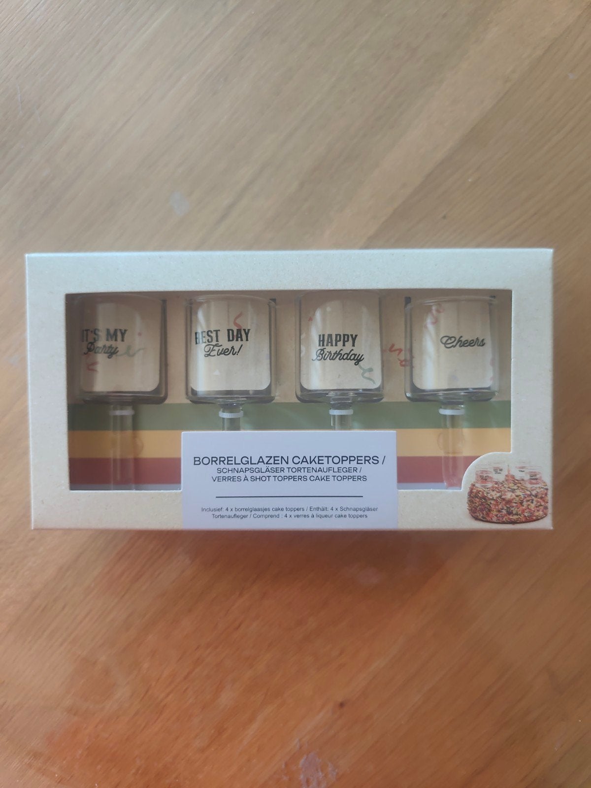Borrelglazen Caketoppers - Nieuw in verpakking, Ophalen of Verzenden, Nieuw, Feestartikel, Verjaardag