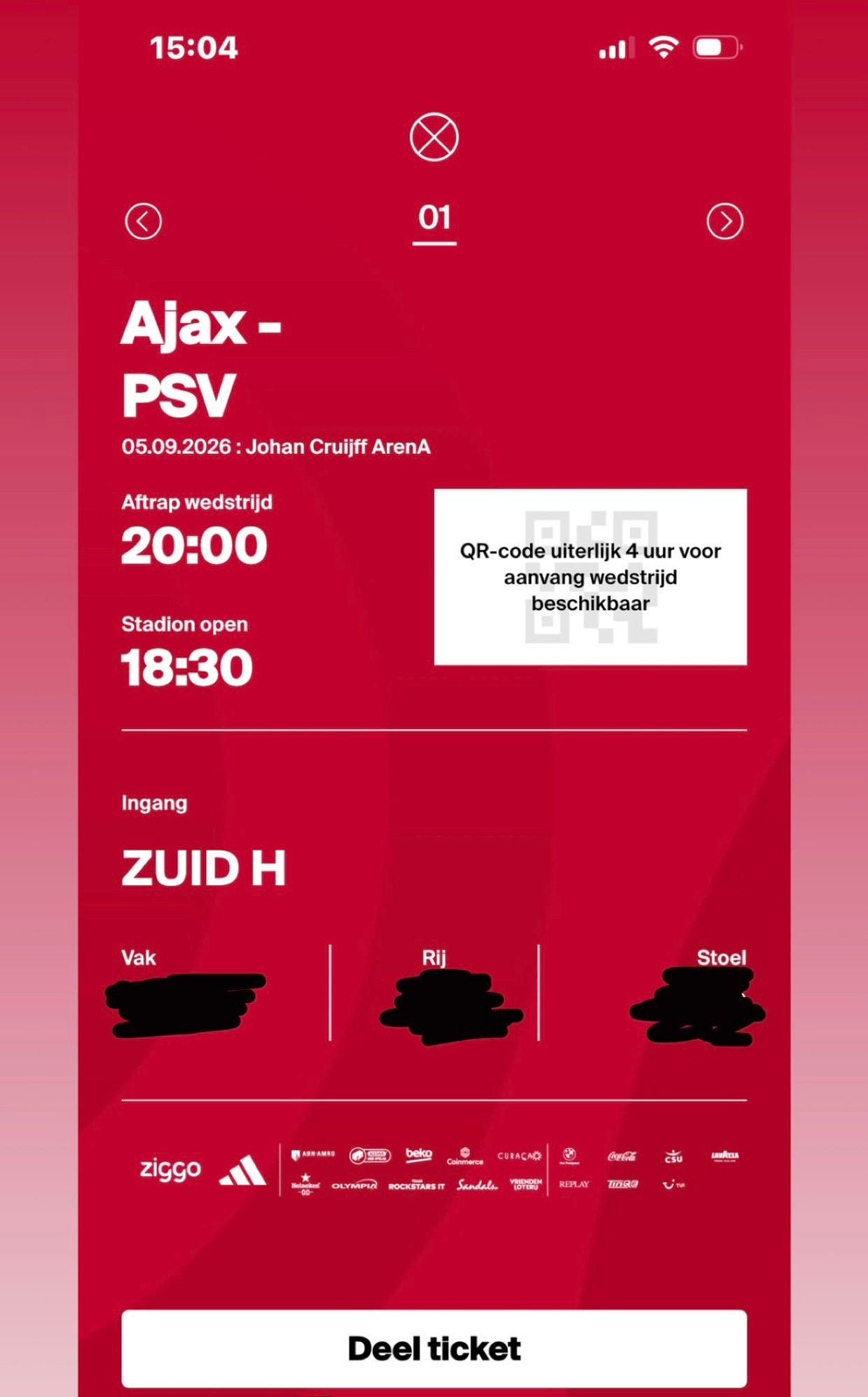 Ajax PSV Fside kaart, Tickets en Kaartjes, Losse kaart, Eén persoon, September