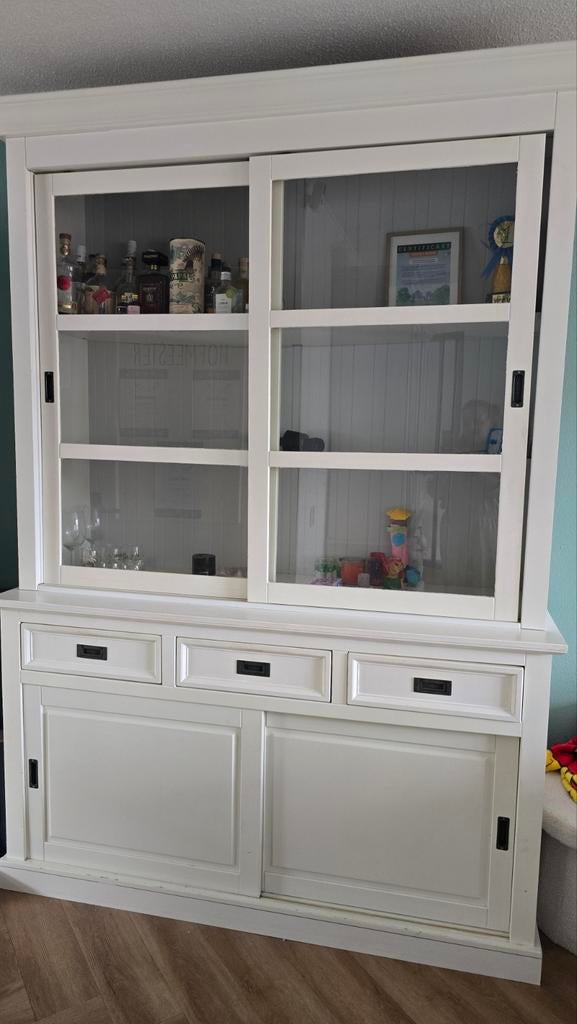 Witte buffetkast met schuifdeuren en lades, Ophalen, Gebruikt, Glas, Landelijk