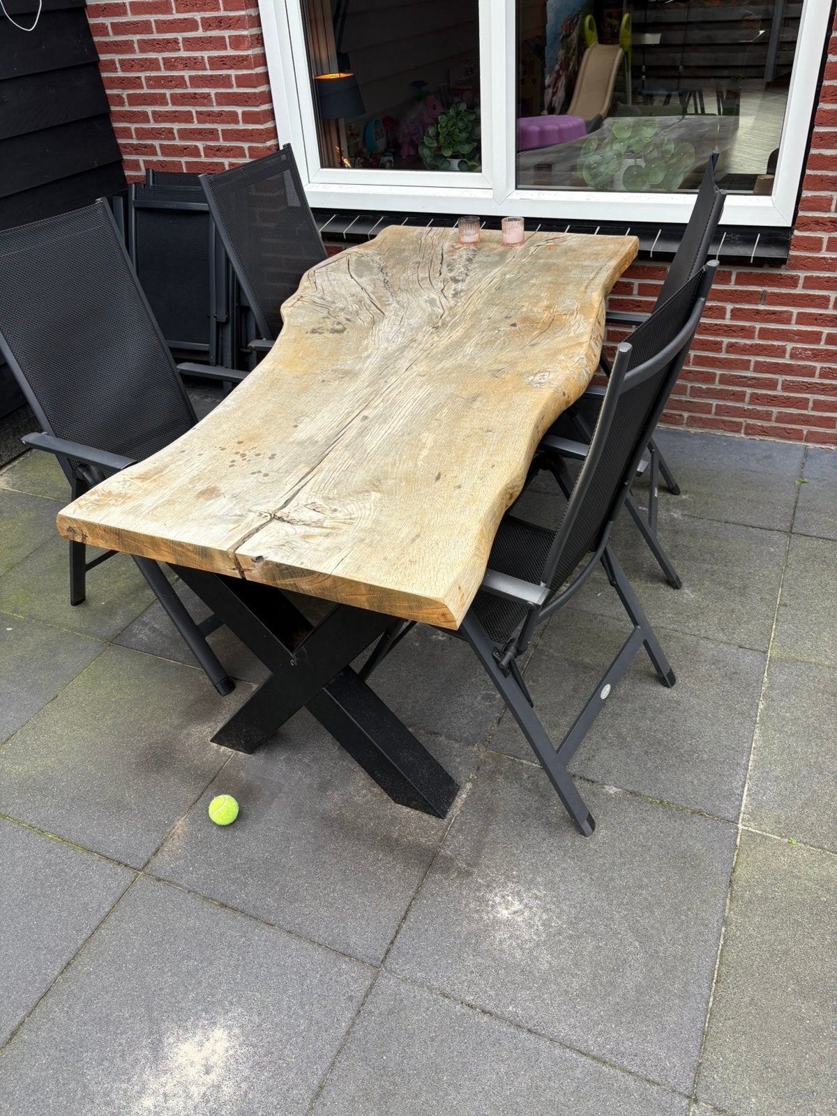 Massief eikenhouten tuintafel – stoer & uniek, Ophalen, Zo goed als nieuw, Rechthoekig, Hout