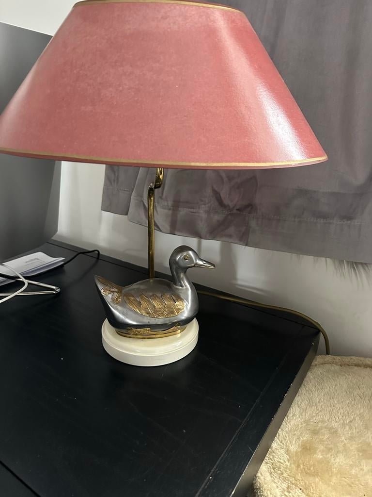 Vintage jaren 70 tafellamp tinnen eend messing details, Verzenden