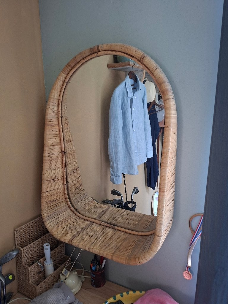 Prachtige rotan spiegel riviera maison met wandplank 60x90, Ophalen, Gebruikt, Minder dan 100 cm, Overige vormen