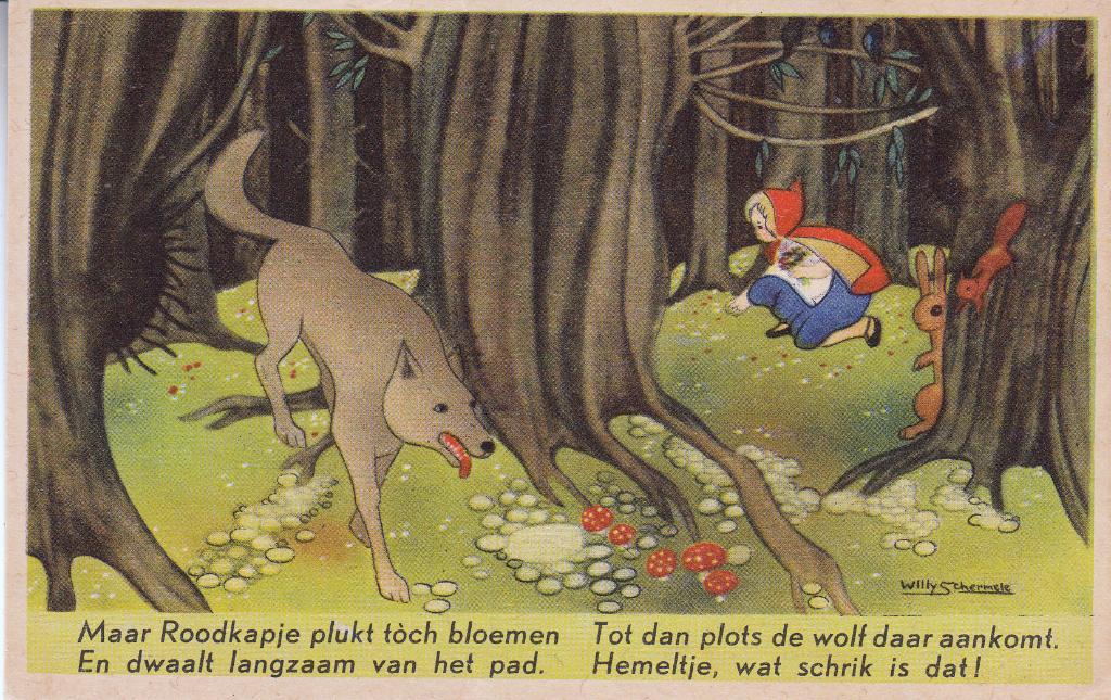 Willy Schermelé   -   Roodkapje plukt bloemen       =0022=, Ophalen of Verzenden, 1940 tot 1960, Ongelopen