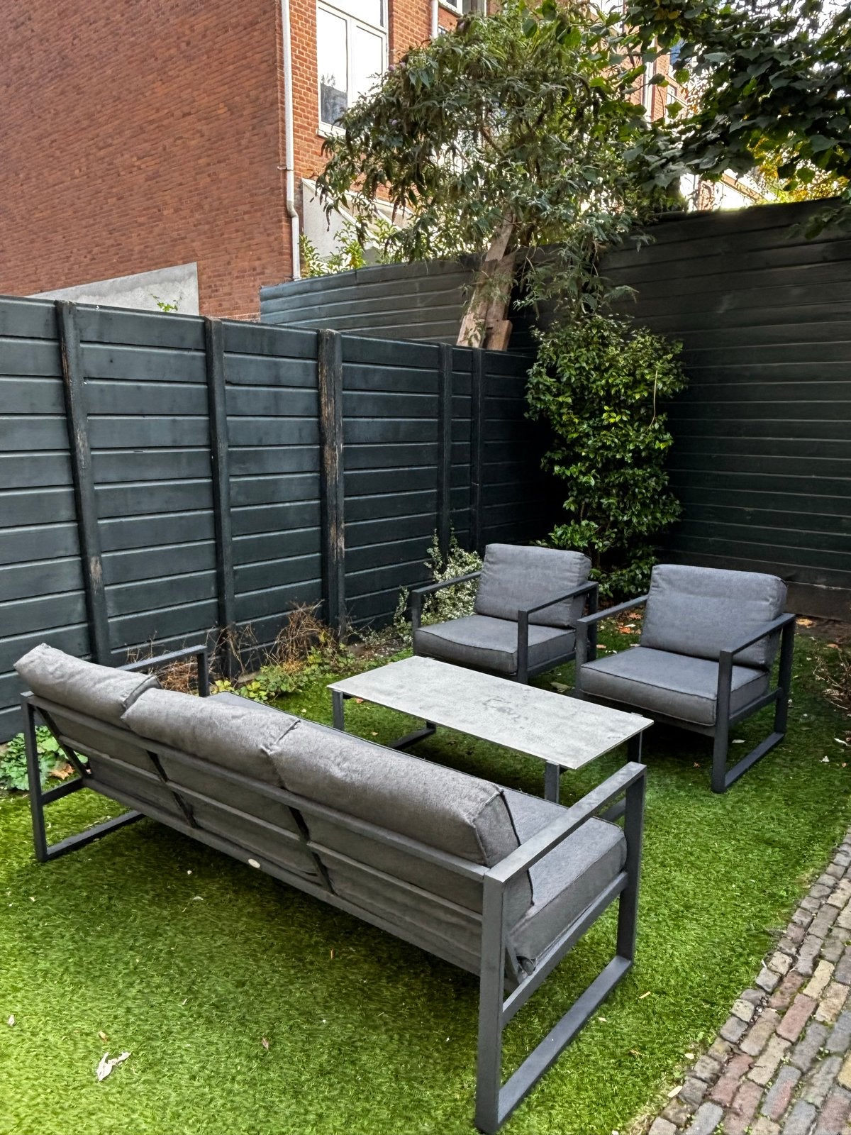 Loungeset VONGES 5-persoons zwart met kussens, Ophalen, 5 zitplaatsen, Gebruikt, Aluminium