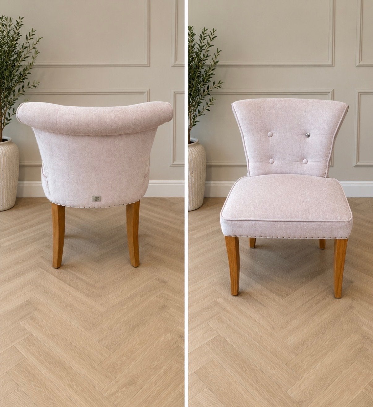 Gezocht: 4 Rivièra Maison stoelen  roze of grijs, Ophalen, Overige kleuren, Zo goed als nieuw, Eén