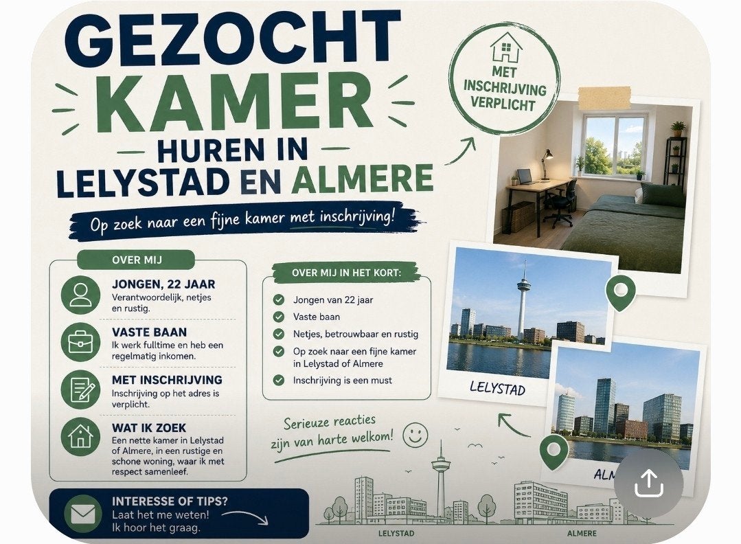 Gezocht een kamer in Lelystad/Almere, Huizen en Kamers, Kamers te huur, Overige regio's