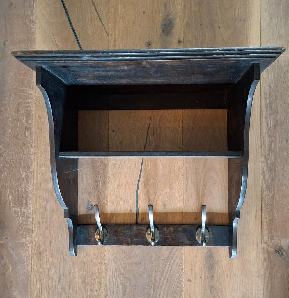 Vintage houten wandkapstok met plank en 3 haken, Gebruikt, Minder dan 100 cm, Hout, Ophalen