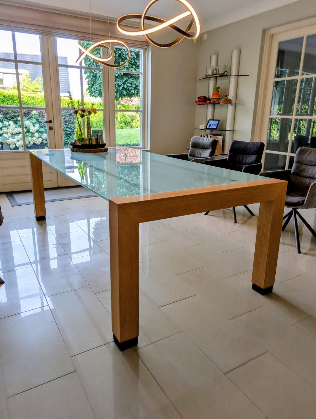Robuuste Eettafel Licht Eiken Fineer met Glazen Blad 240x120, Huis en Inrichting, Tafels | Eettafels, Ophalen, Glas, Gebruikt