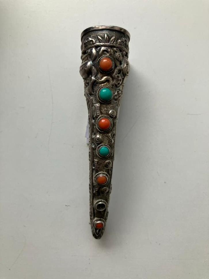 Oude Zilveren Chinese Nagelbeschermer Broche tuquise koral, Sieraden, Tassen en Uiterlijk, Antieke sieraden, Ophalen of Verzenden