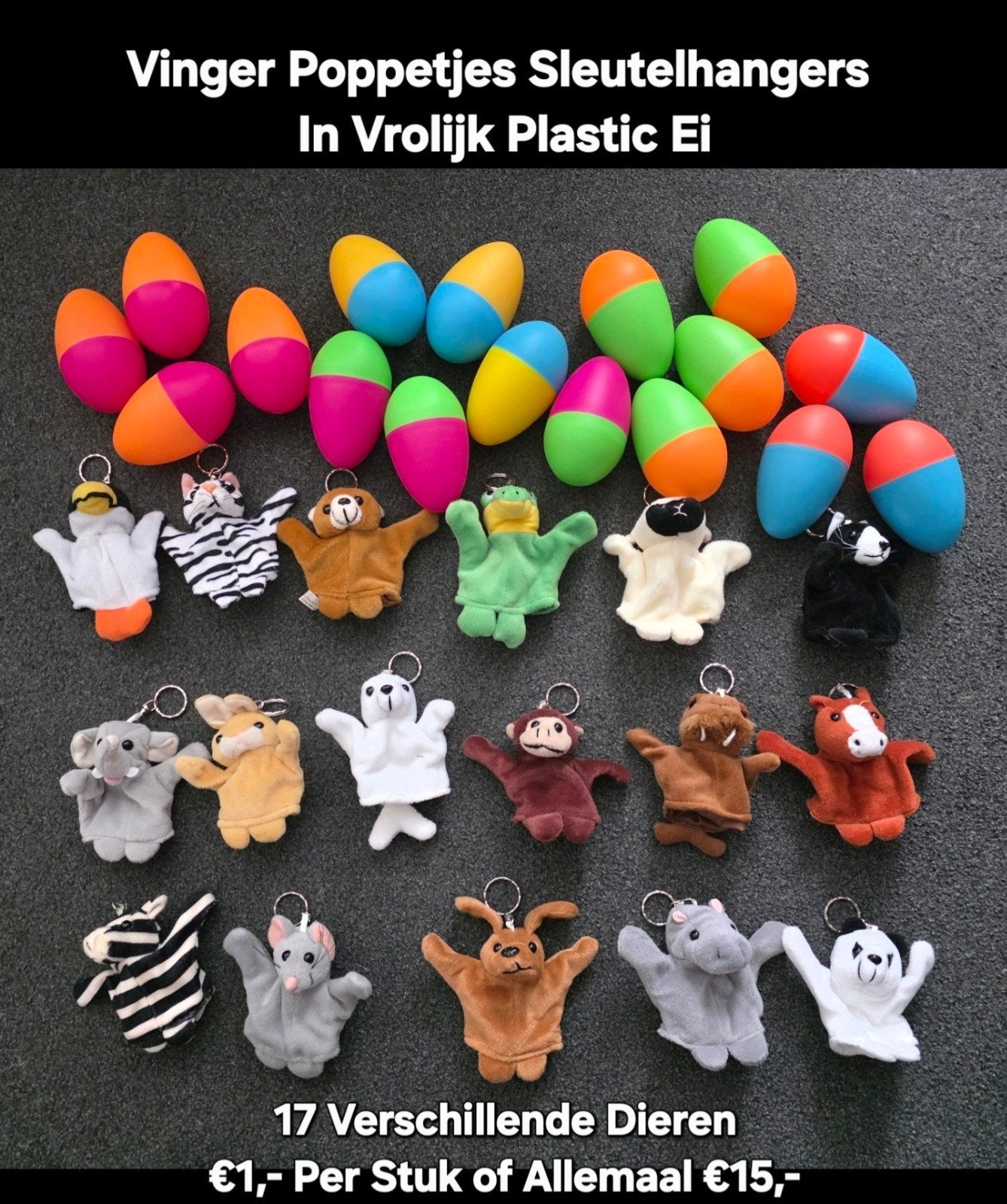 Vingerpoppetjes Sleutelhangers in Vrolijk Plastic Ei, Ophalen of Verzenden, Nieuw, Knuffel of Figuurtje
