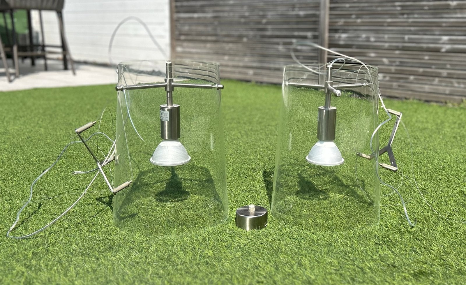 Set van 2 glazen hanglampen evt met GRATIS (nieuwe) lampen, Huis en Inrichting, Ophalen, Zo goed als nieuw, Glas, E27 (groot)