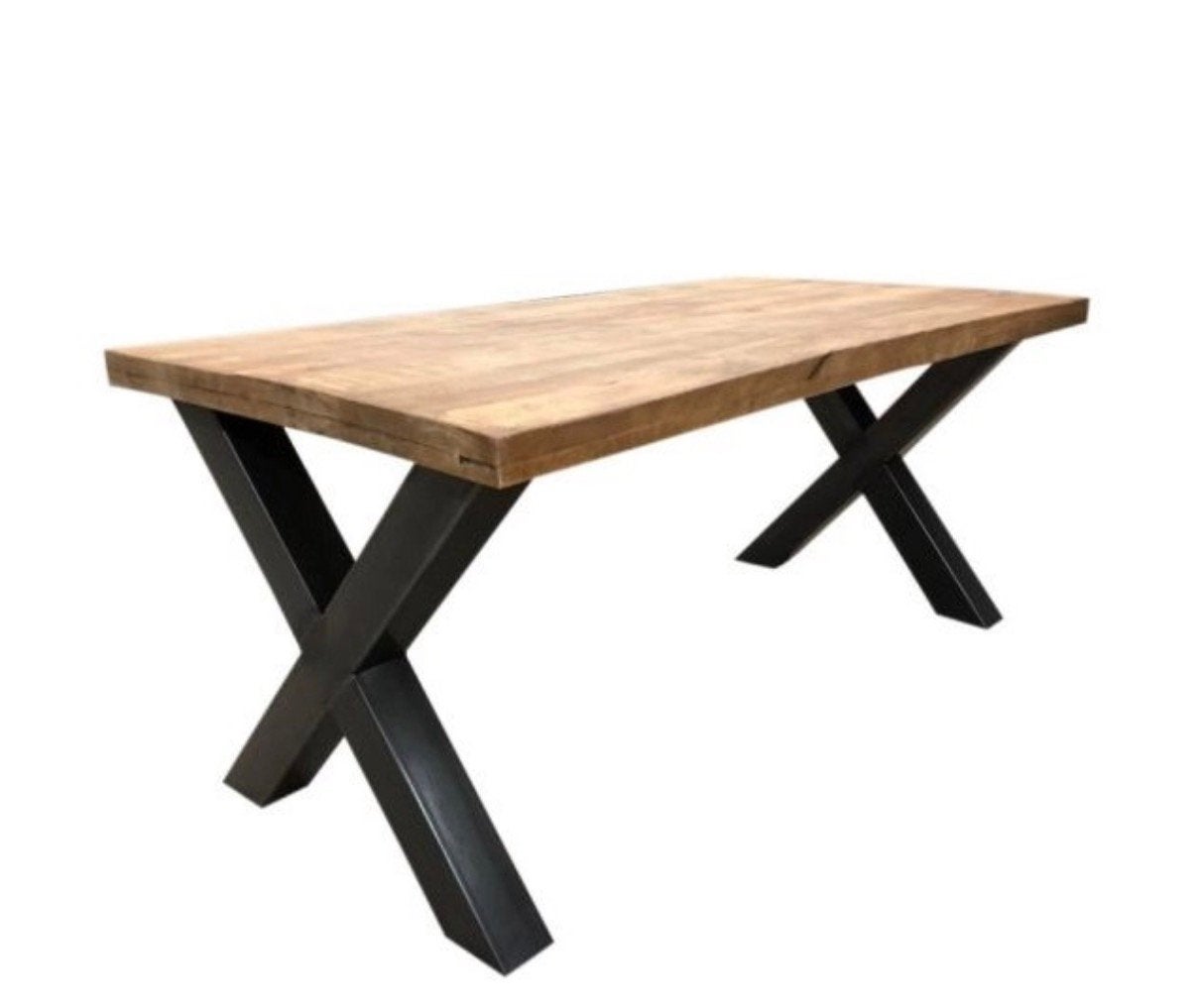 Mangohouten eettafel met zwart stalen kruispoten 160x90 cm, Ophalen, 50 tot 100 cm, Zo goed als nieuw, 150 tot 200 cm