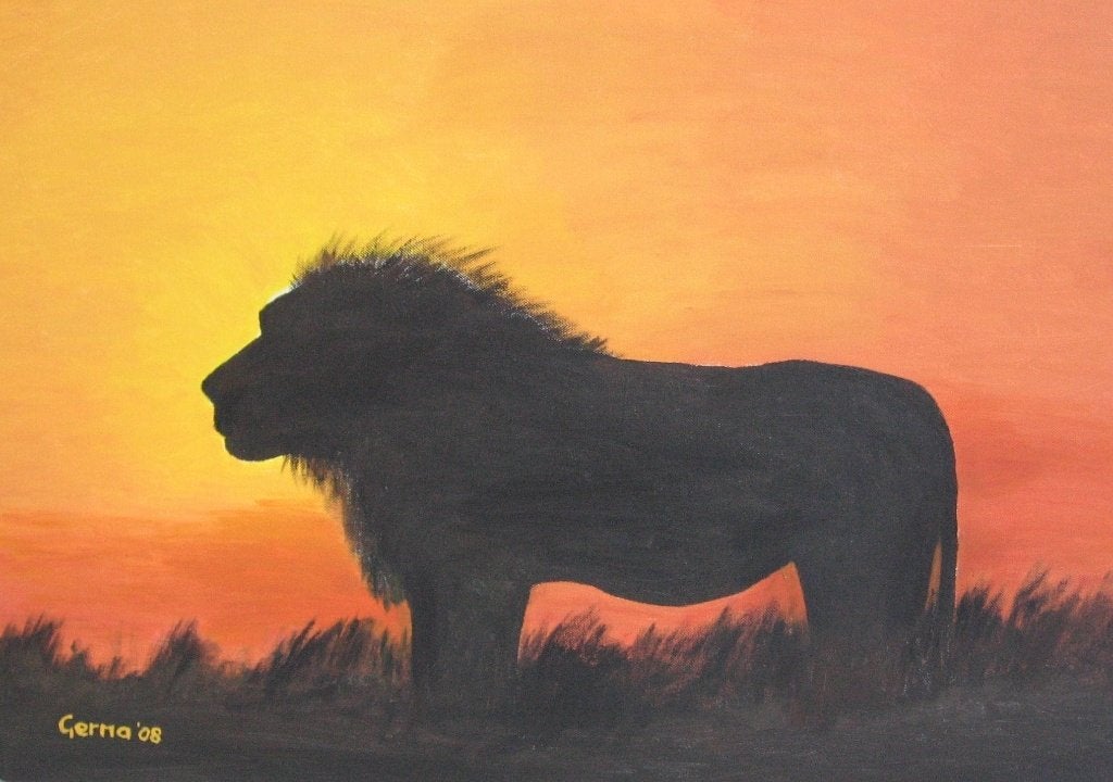 Leeuw , zelf geschilderd op doek met acryl, Antiek en Kunst, Ophalen