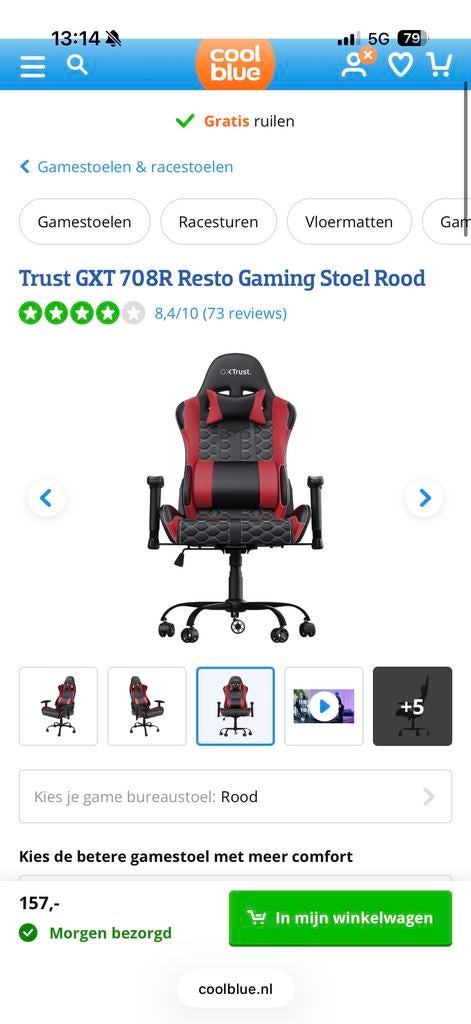 Trust GXT 708R Resto Gaming Stoel Rood, Ophalen of Verzenden, Zo goed als nieuw, Gaming bureaustoel, Bureaustoel
