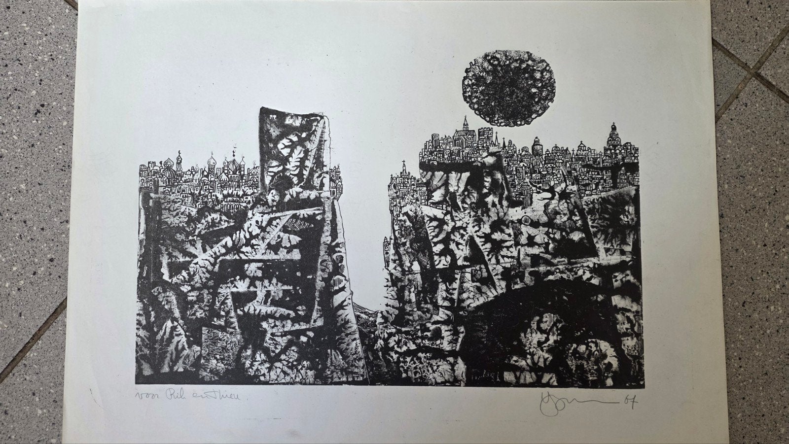 Lithografie 'Stadsgezicht' - J. van der Horst '6, Antiek en Kunst, Ophalen, 1950 - 1999, Stadsgezicht, Origineel