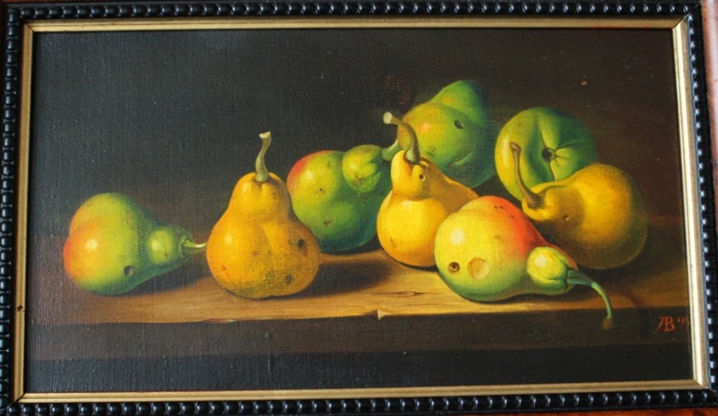 Fraai stilleven in bijzondere lijst, gesigneerd A.B. 1993., Antiek en Kunst, Doek, Stilleven, Ophalen of Verzenden, Olieverf