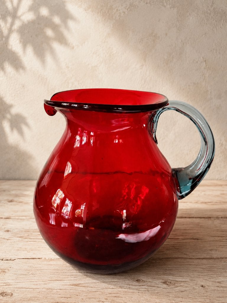 Grote, rode mond geblazen kan van glas, vintage, Ophalen of Verzenden