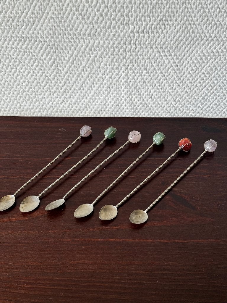Vintage Verzilverde Longdrink Lepels met Edelstenen, Spoon, Ophalen of Verzenden, Gebruikt, Overige materialen, Bestekset