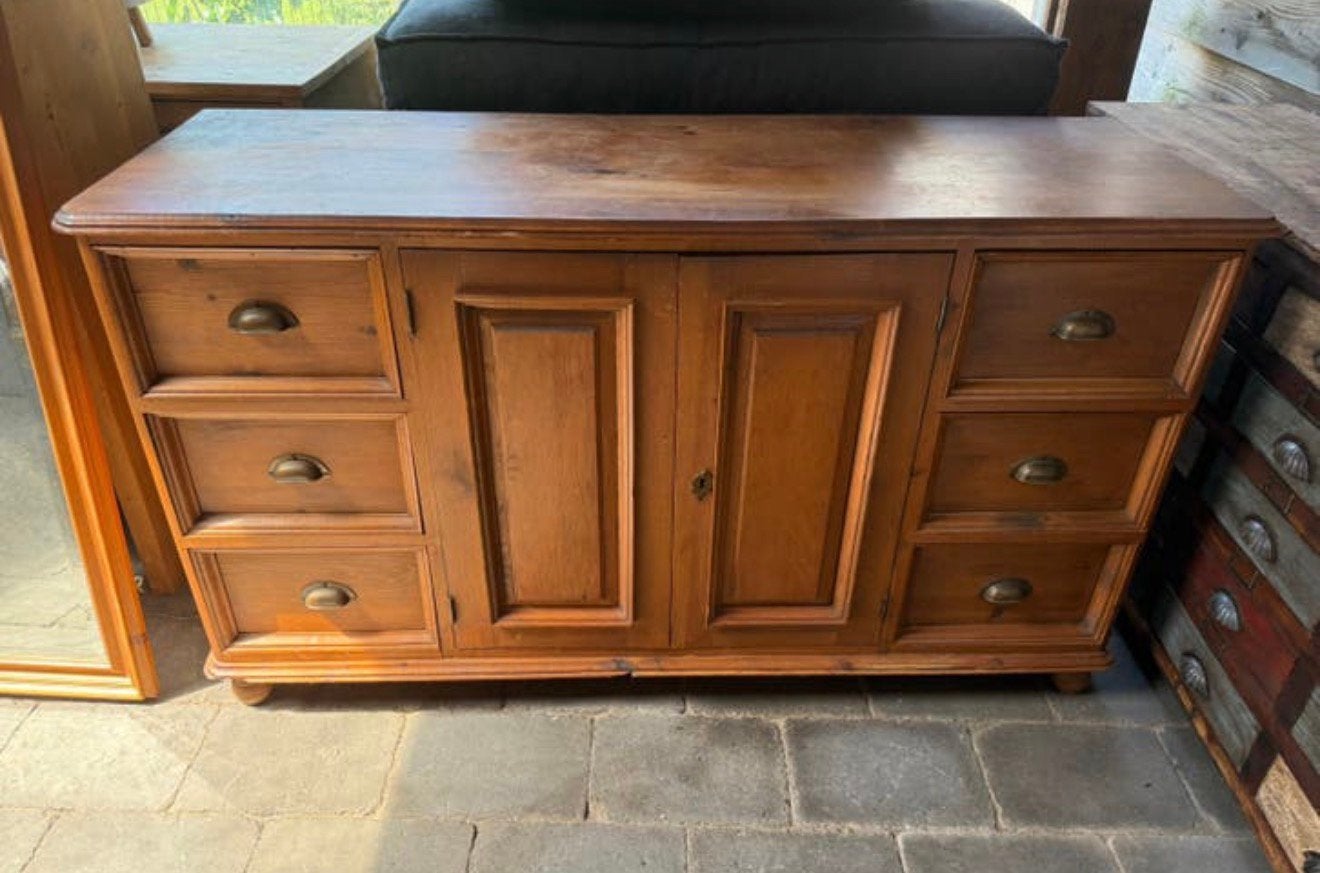 Zware oud geloogd grenen antieke dressoir ladenkast, Ophalen, Gebruikt, 25 tot 50 cm