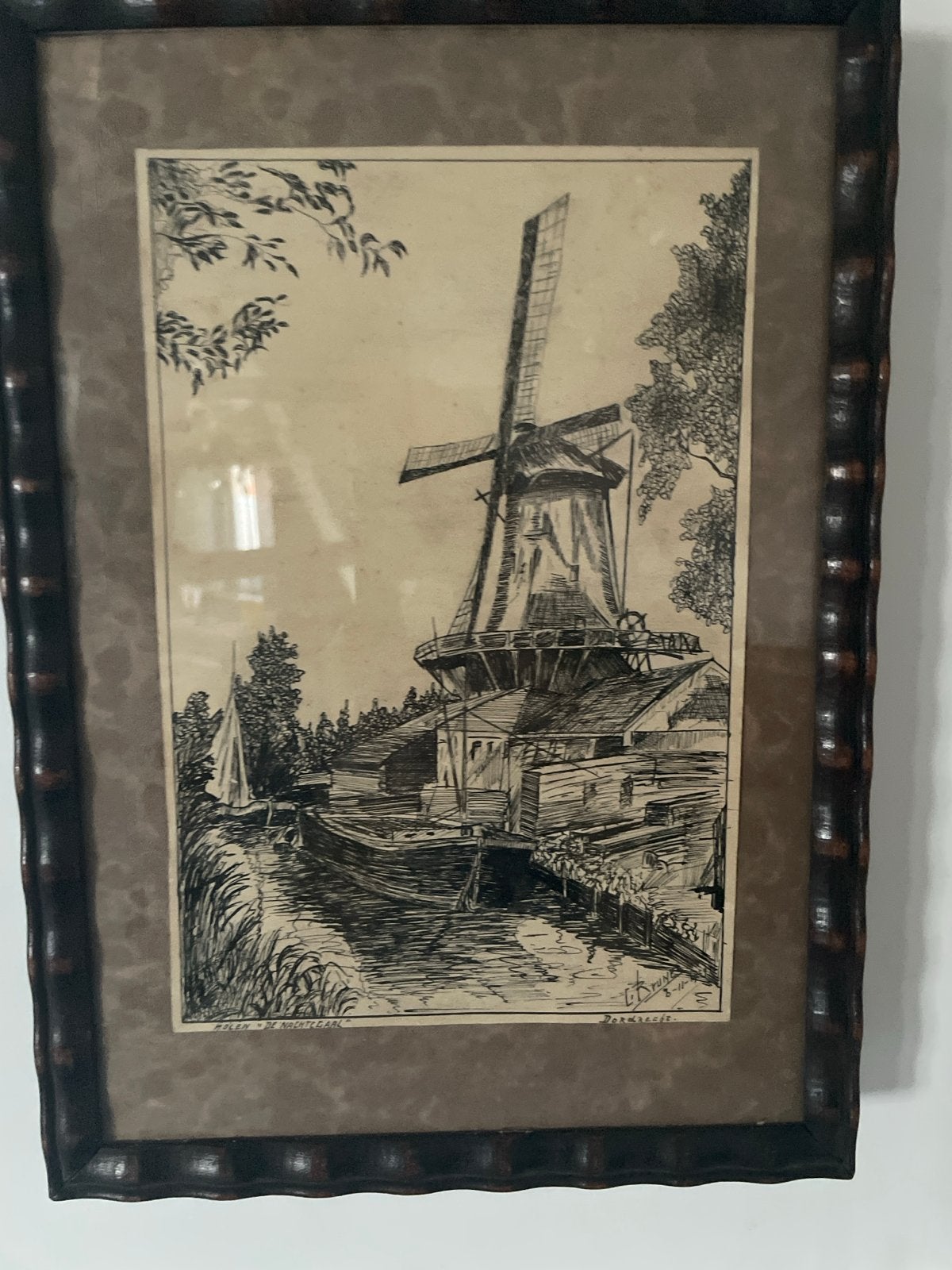 Ingelijste pentekening van Molen 'C.R. Rune 8-11-1914', Antiek en Kunst, Ophalen of Verzenden, Tekening, Pentekening, Gesigneerd