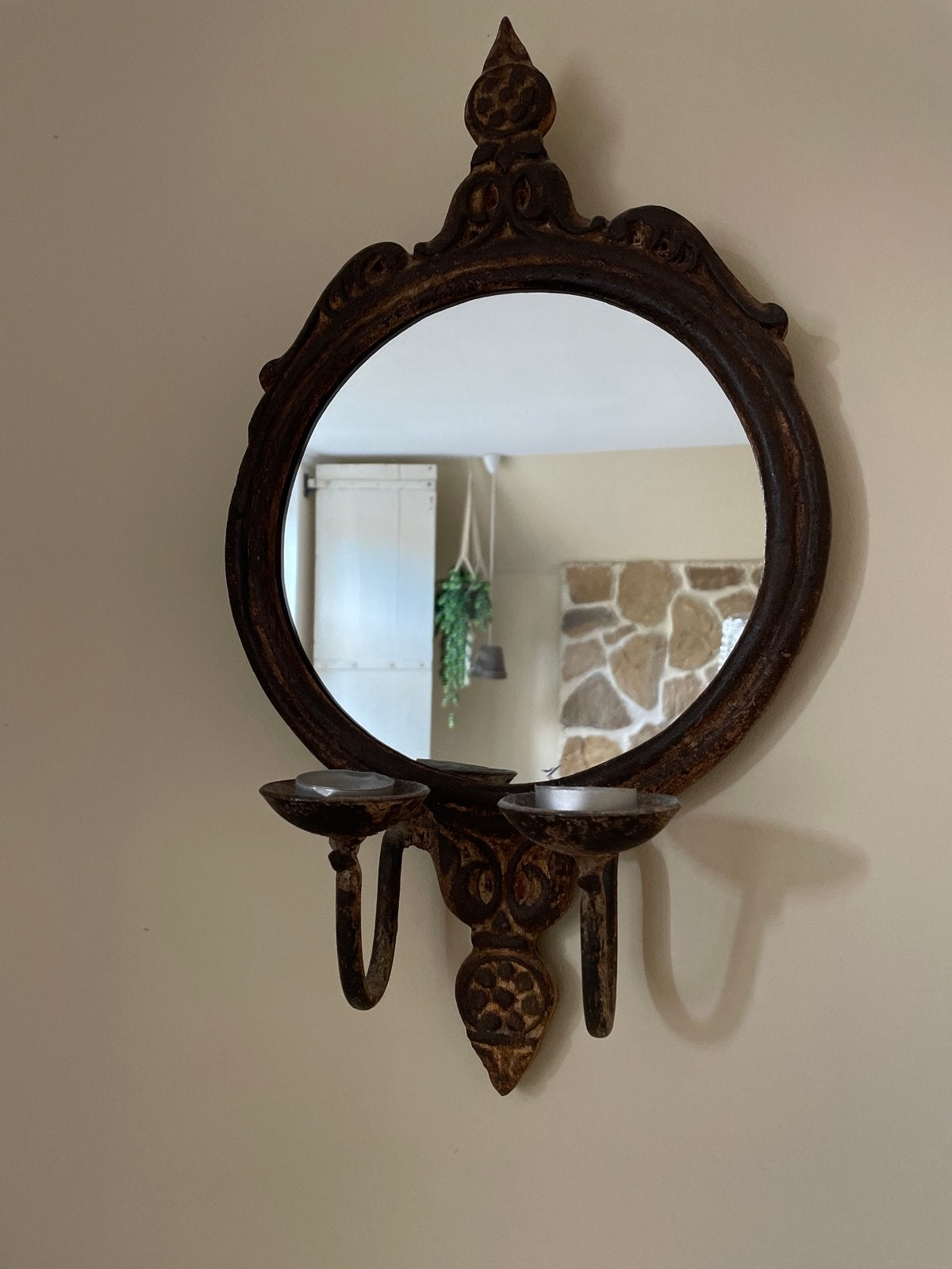 Decoratieve Gietijzeren Spiegel met Kandelaars, Minder dan 50 cm, Gebruikt, Rond, Ophalen of Verzenden