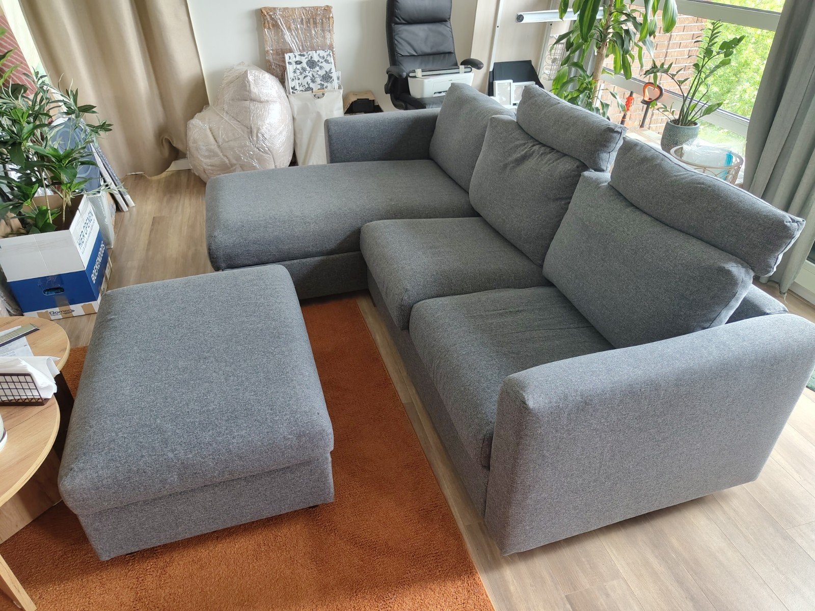 Sofa Grijze Hoekbank met Opbergruimte en Hocker, Ophalen, 250 tot 300 cm, 100 tot 125 cm, Hoekbank
