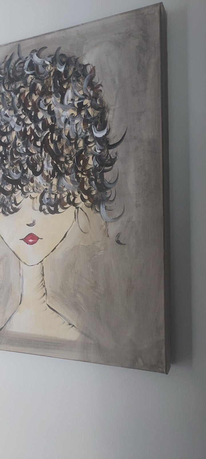 Acrylschilderij: Vrouw met Krullend Haar 50 bij 60 cm, Ophalen of Verzenden, Handgeschilderd, Acrylverf, Portret