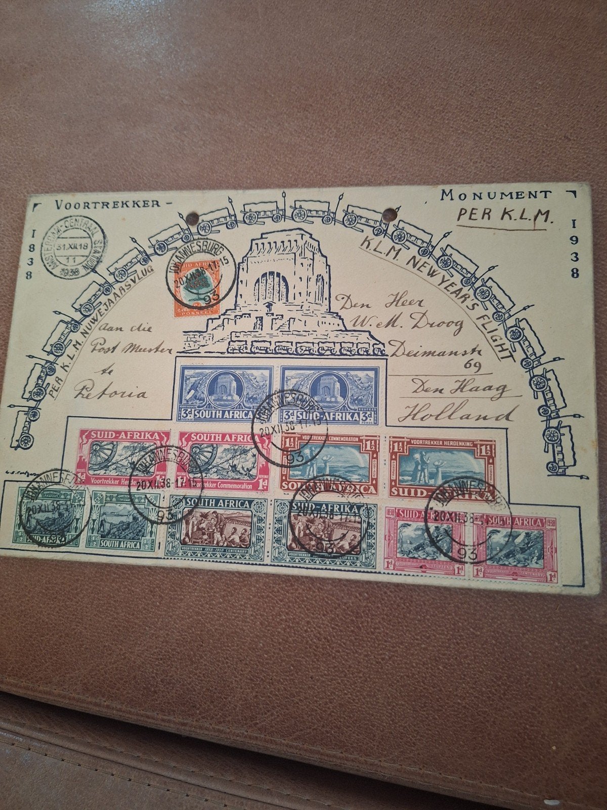 Zuid-Afrika Voortrekker Monument KLM Nieuwjaarsvlucht 1938, Ophalen of Verzenden, 1920 tot 1940, Gelopen, Politiek en Historie