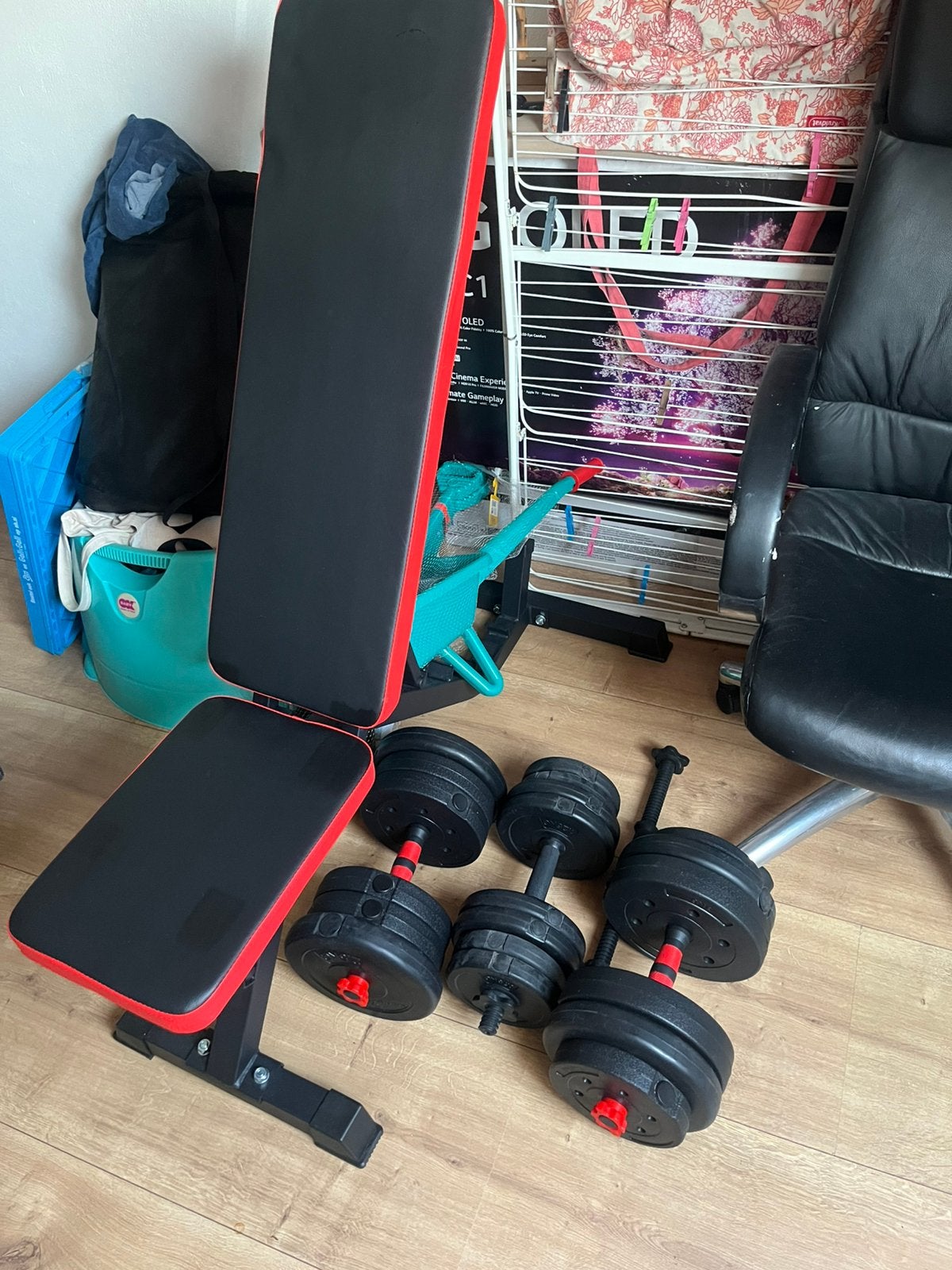 Fitness bankje met gewichten, Sport en Fitness, Fitnessmaterialen, Ophalen, Zo goed als nieuw, Fitnessbank