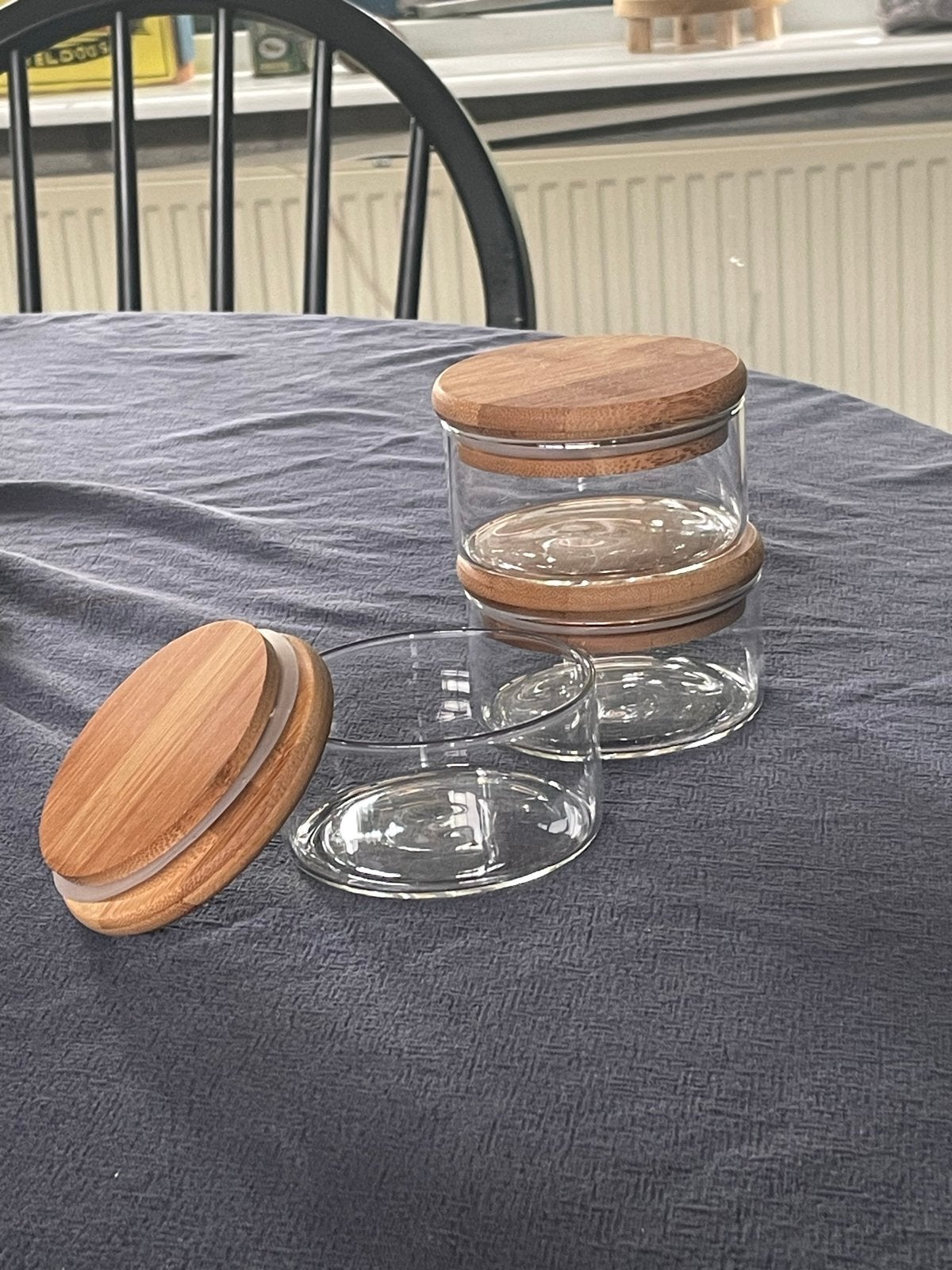 Glazen voorraadpotjes met bamboe deksel - set van 3, Ophalen, Glas, Zo goed als nieuw, Voorraadpot