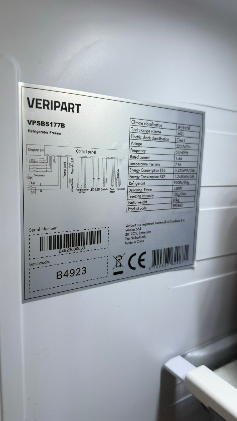 Veripart VPSBS177B Side-by-side Koelkast met Vriezer, Witgoed en Apparatuur, Koelkasten en IJskasten, Ophalen, 200 liter of meer