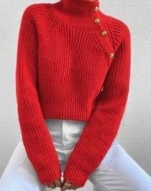 Rode gebreide coltrui met knoopdetails - Maat M, Ophalen of Verzenden, Zo goed als nieuw, Maat 38/40 (M), Rood