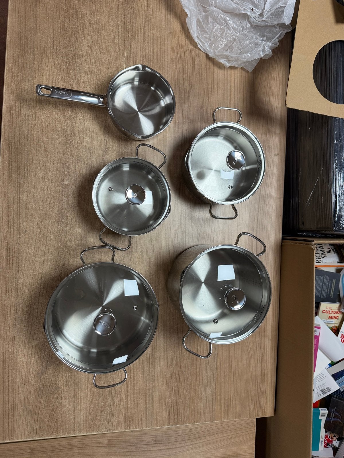 Tefal Pannenset - 5-delig RVS met glazen deksels, Huis en Inrichting, Tefal, Nieuw, Pannenset, Ophalen of Verzenden