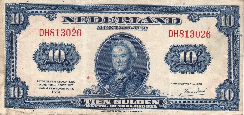 TIEN GULDEN WILHELMINA 1943, Postzegels en Munten, Bankbiljetten | Nederland, Ophalen of Verzenden, 10 gulden