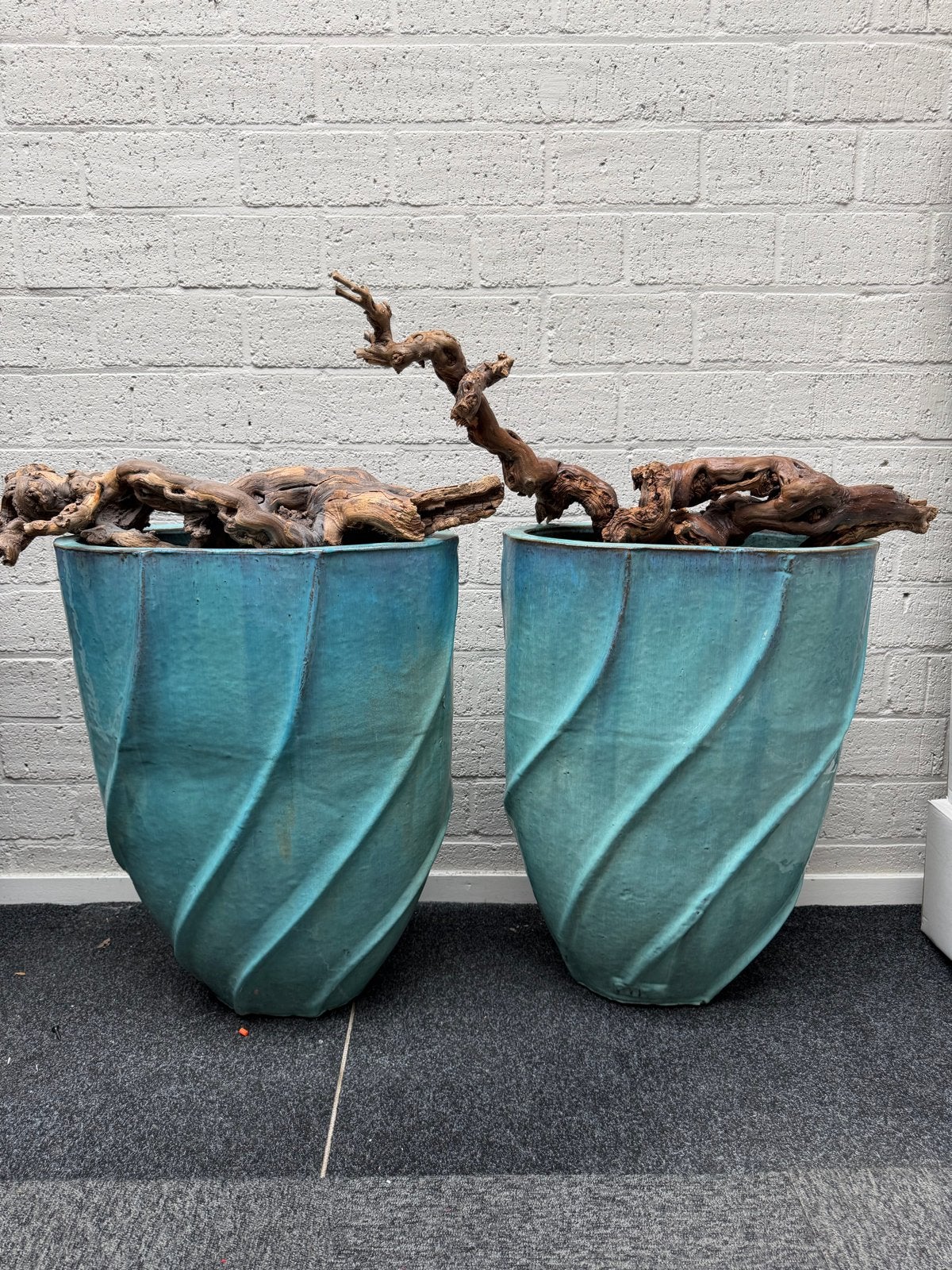 PTMD Turquoise pottenmet Gedroogd Wijnhout - Set van 2, Ophalen