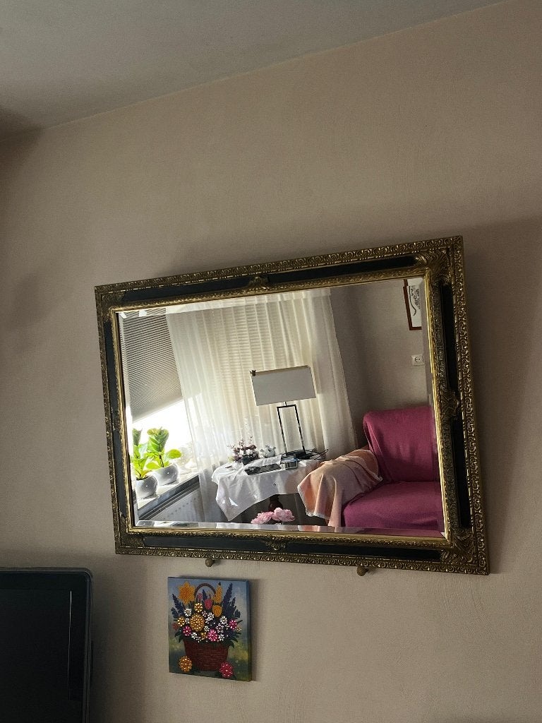 Klassieke wandspiegel met goud/zwarte lijst | sierlijk frame, Ophalen, Rechthoekig, 50 tot 100 cm, 100 tot 150 cm
